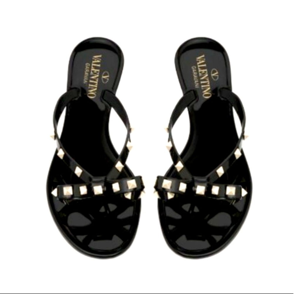 Valentino Sandal Flip Flops Rubber Rockstud Thong Black New